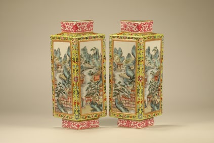 Pair of Famille Rose Landscape Pattern Porcelain Vase