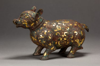 Chinese Bronze Gold Inlaid Carved Beast Shape Figure