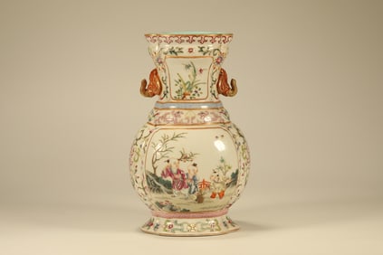 Famille Rose Playing Children Pattern Double Elephant Ears Porcelain Vase