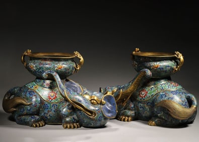 Pair of Bronze Cloisonne Carved Elephant Shape Ornament
