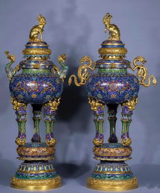 Pair of Bronze Cloisonne Carved Flower and Dragon Pattern Double Dragon Ears Incense Burner