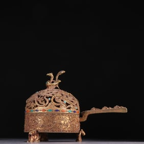 Gilt Silver Inlaid Gem Stone Carved Phoenix Pattern Incense Burner