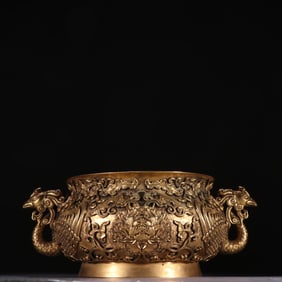 Gilt Bronze Carved Phoenix and Flower Pattern Double Phoenix Ears Incense Burner
