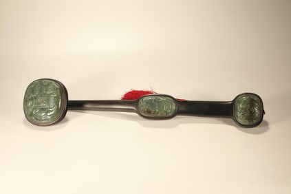 Red Sandalwood Inlaid Jasper Jade Carved Elephant Pattern RuYi Ornament