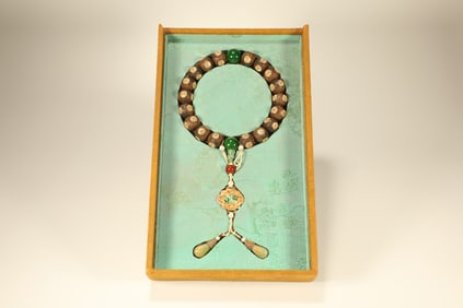 Agarwood Inlaid Gilt Silver Carved Shou Pattern Eighteen Praying Bead Bracelet