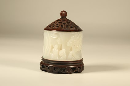 Jade Carved Character and Landscape Pattern Incense Burner