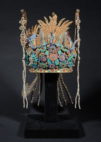 Gilt Silver Inlaid Gem Stone and Blue Enameled Carved Phoenix Pattern Crown