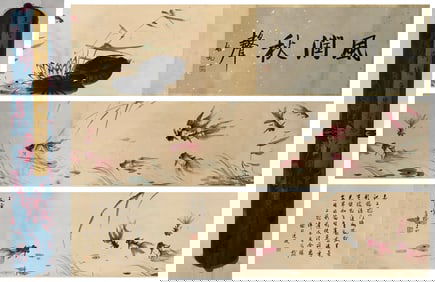 Chinese Drawing Fish Hand Scroll,Wang Xuetao Mark