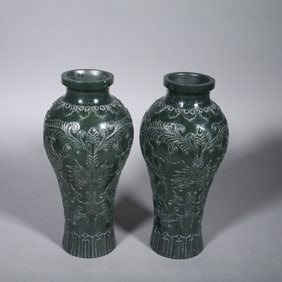 Pair of Jasper Jade Carved Flower Pattern Vase