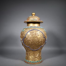 Gilt Bronze Inlaid Gem Stone Carved Character Story Pattern Lid Pot