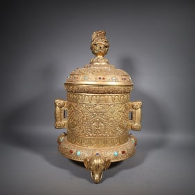 Gilt Bronze Inlaid Gem Stone Carved Flower Pattern Double Ears Incense Burner