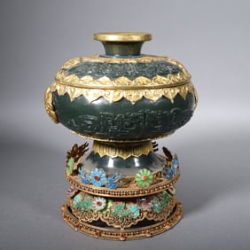 Jasper Jade Inlaid Gilt Bronze Carved Dragon Pattern Lid Pot