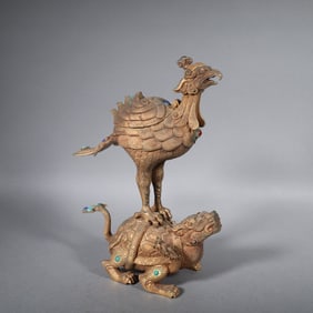 Gilt Bronze Inlaid Gem Stone Carved Beast Shape Figure