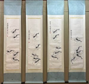 Group of Four Chinese Drawing Shrimp Painting,Qi Baishi Mark