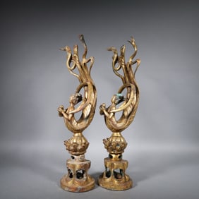 Pair of Gilt Bronze Flying Beauty Figure