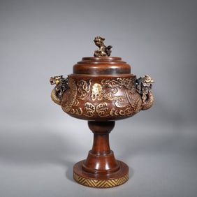Bronze Carved Dragon and Phoenix Pattern Incense Burner and Lion Shape Lid