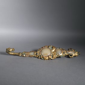 Gilt Bronze Inlaid Jade Carved Dragon Shape Belt Hook