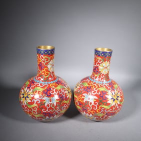Pair of Bronze Cloisonne Carved Flower Pattern Tianqiu Vase