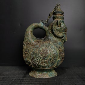 Chinese Bronze Carved Beast Face Pattern Ram Shape Handle Pot