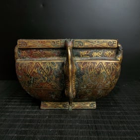 Chinese Bronze Gold Inlaid Carved Beast Face Pattern Four Dragon Ears Pot