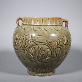 Yaozhou Ware Carved Flower Pattern Porcelain Double Ears Pot