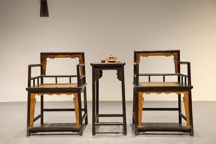 Group of Three Red Sandalwood Inlaid Boxwood Carved Cloud Pattern Chair and Square Table