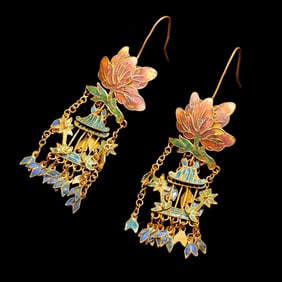 Pair of Blue Enameled Carved Flower Pattern Earring