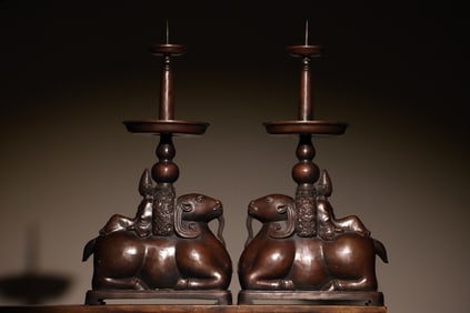 Pair of Bronze Carved Ram Shape Candlestick