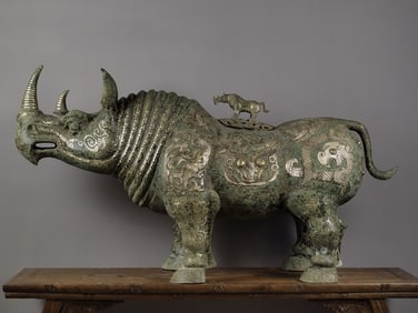 Chinese Bronze Inlaid Silver Carved Beast Face Pattern Rhinoceros Shape Zun