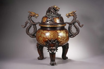 Bronze Carved Dragon Pattern Double Dragon Ears Incense Burner