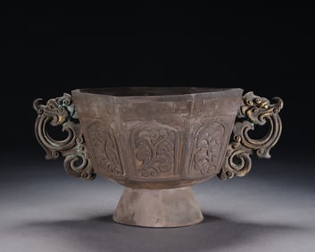 Silver Carved Flower Pattern Double Dragon Ears Bowl