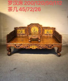 Huanghuali Wood Carved Flower and Flower Pot Pattern Arhat Bed