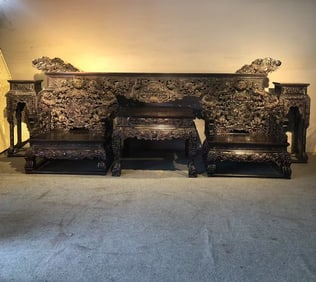 Group of Six Red Sandalwood Carved Dragon Pattern Table and Chair & Square Table