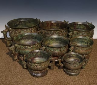 Group of Eight Chinese Bronze Carved Beast Face Pattern Double Dragon Ears Incense Burner