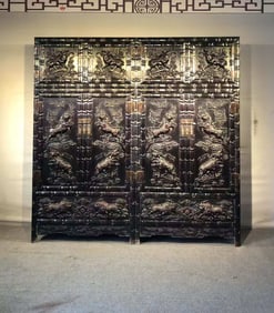 Pair of Red Sandalwood Carved Ox Pattern Cabinet