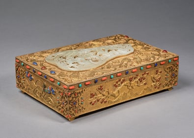 Gilt Bronze Inlaid Gem Stone and Jade Carved Crane Pattern Lid Box