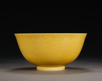 Yellow Glazed Carved Dragon Pattern Porcelain Bowl