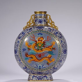 Bronze Cloisonne Carved Flower and Dragon Pattern Moon Shaped Vase