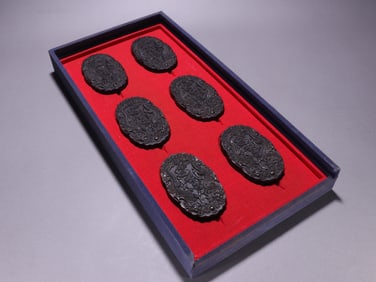 Group of Six Agarwood Carved Dragon Pattern Pendant