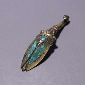 Bronze Gold and Silver Inlaid Turquoise Carved Cicada Shape Belt Hook
