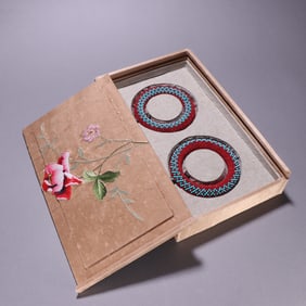 Pair of Agarwood Inlaid Turquoise Carved Flower Pattern Bangle