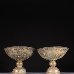 Pair of Gilt Silver Carved Dragon Pattern High Foots Bowl