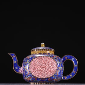 Bronze Enamel Blue Base Chrysanthemum Pattern Teapot