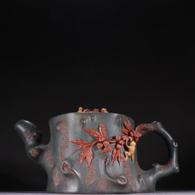 Purple Clay Carved Monkey and Peach Teapot,Jiang Rong Mark