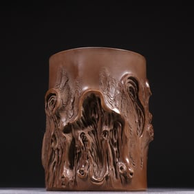 Purple Clay Carved Tree Stump Shape Brush Pot,Chen Mingyuan Mark