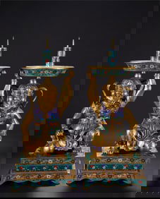 Pair of Bronze Cloisonne Carved Character Shape Candlestick