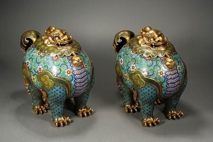 Pair of Bronze Cloisonne Carved Kirin Shape Incense Burner