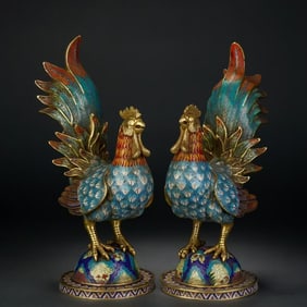 Pair of Bronze Cloisonne Carved Chicken Shape Figure