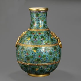 Bronze Cloisonne Carved Grapes Pattern Double Lion Ears Vase