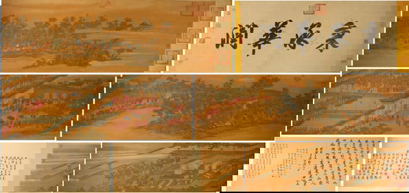 Chinese Drawing Landscape and Character Story Hand Scroll,Lang Shining Mark